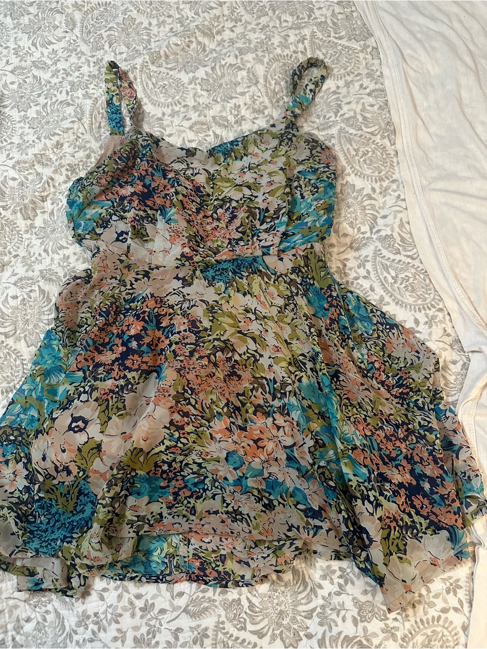 Lucca Couture Floral Chiffon Spaghetti-Strap dress — Teal, Navy, Olive